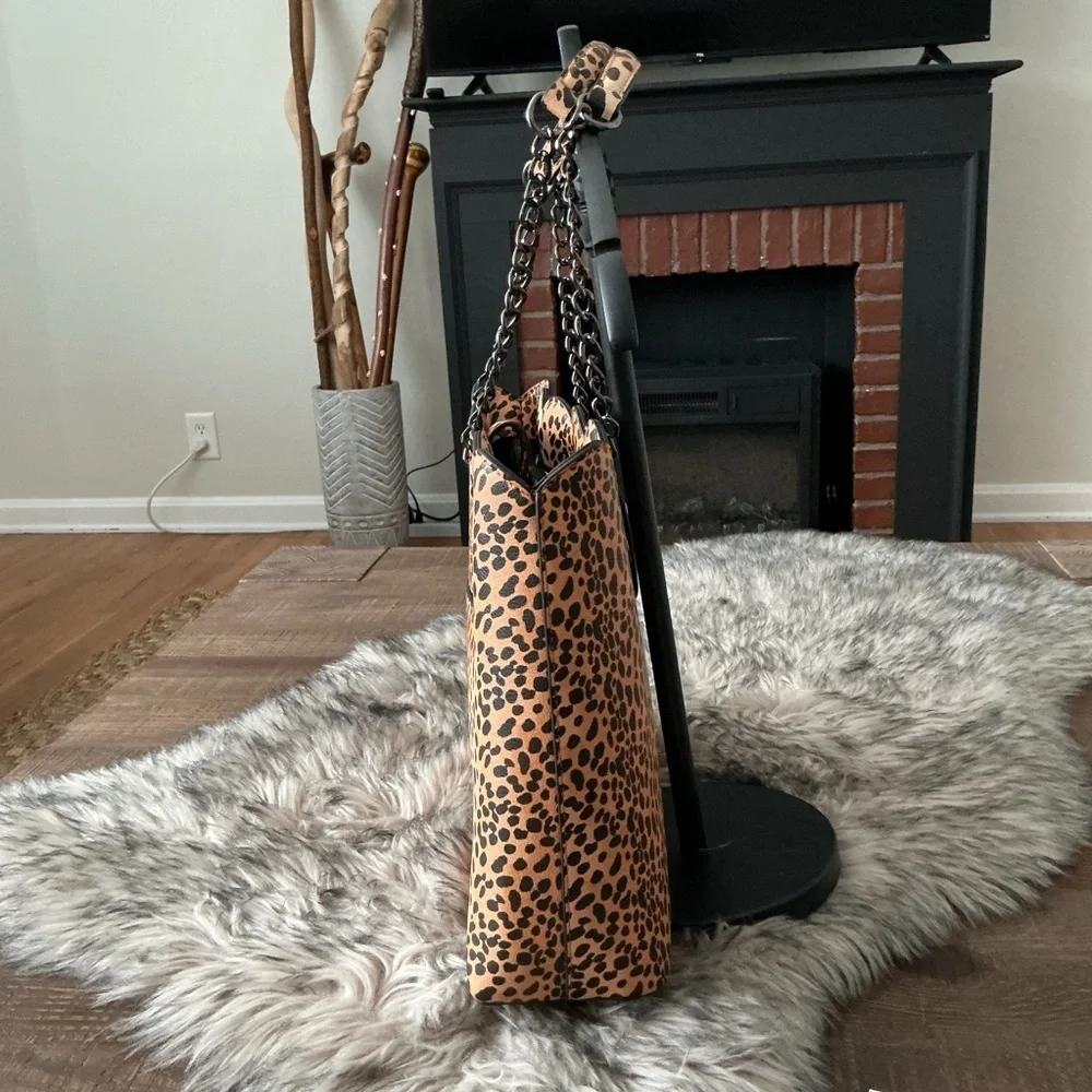Betsy Johnson On the Prowl Leopard Print Tote Bag Faux Leather Chain Handles